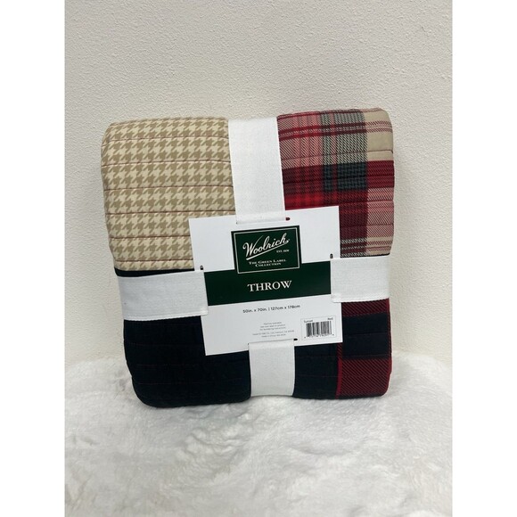 WOOLRICH Oversized Throw 50”x70” Plaid Patchwork Red/Tan Quilted Throw - Picture 1 of 2